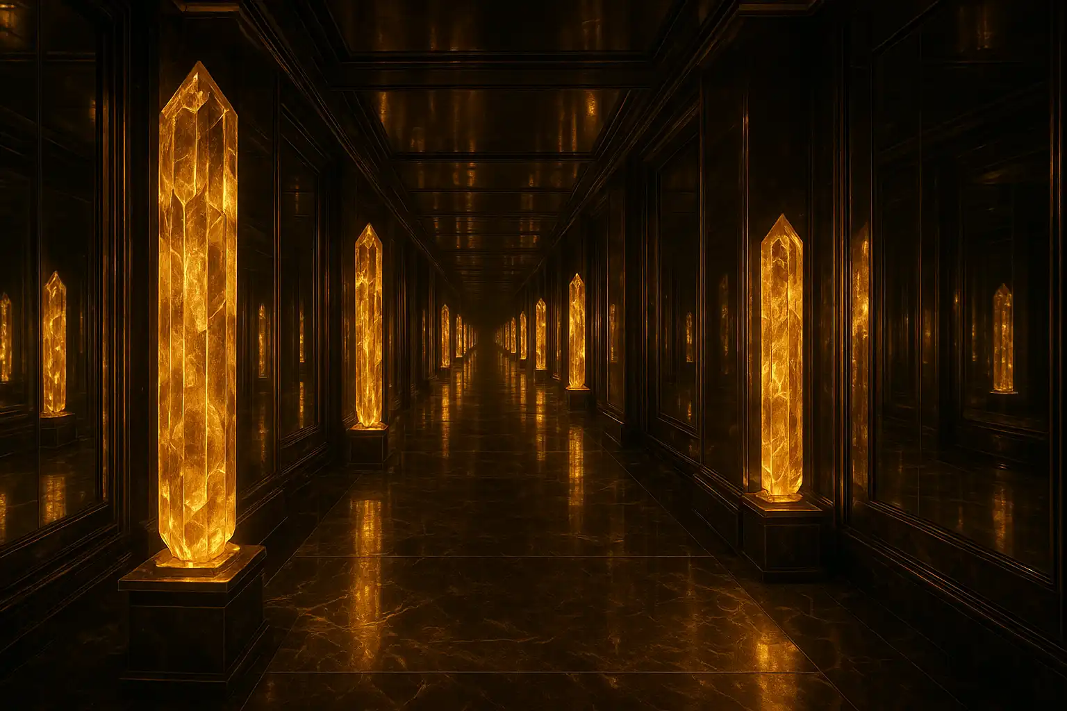 Endless reflections of glowing crystal pillars down a marble hallway in the FoxyFlush vault