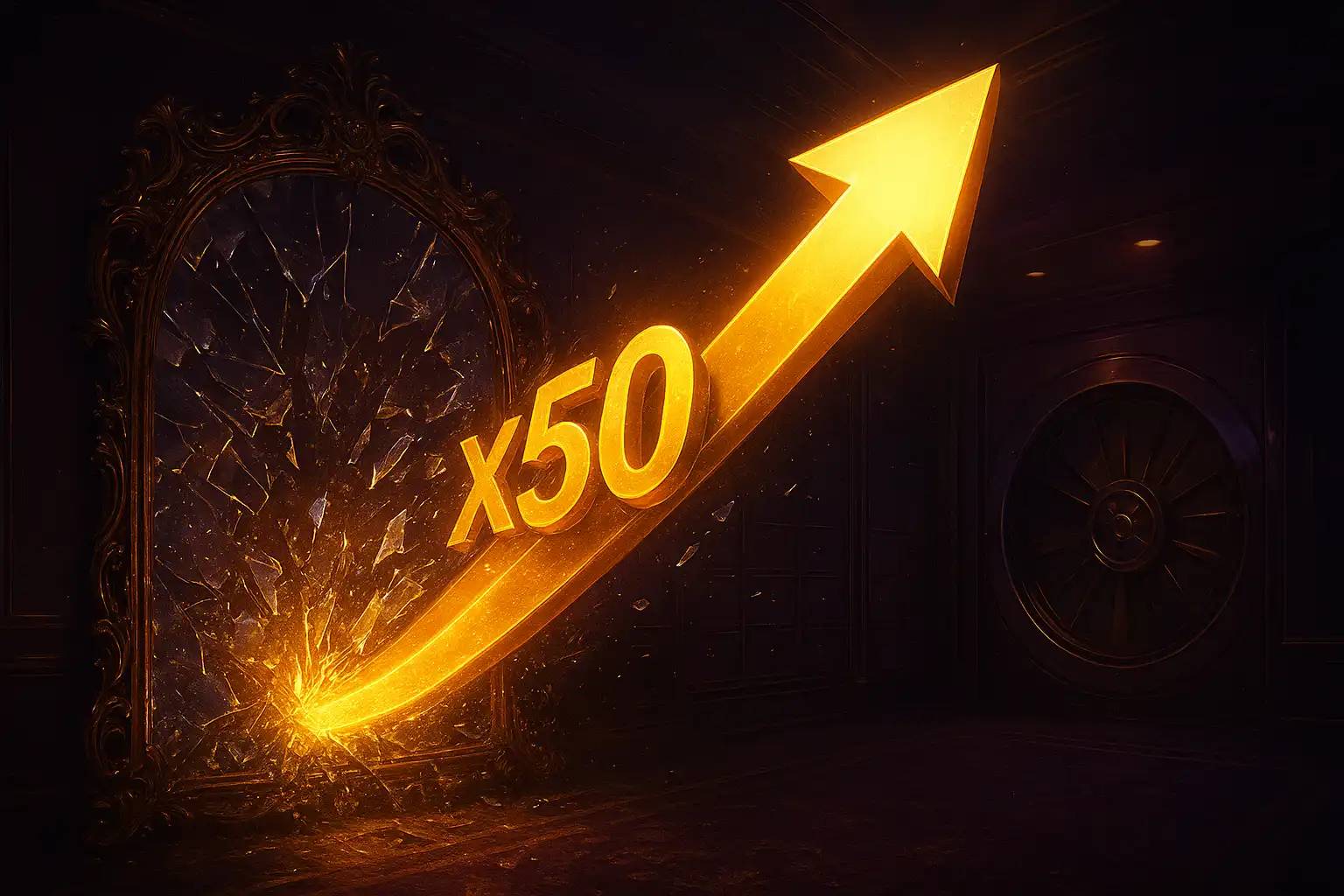 A golden multiplier line climbing past a shattering mirror in the FoxyFlush crash game