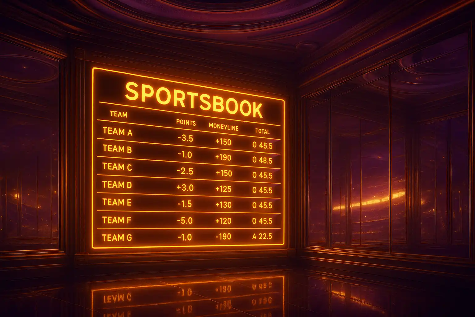 A glowing sportsbook betting board reflected in the mirrored walls of the FoxyFlush vault