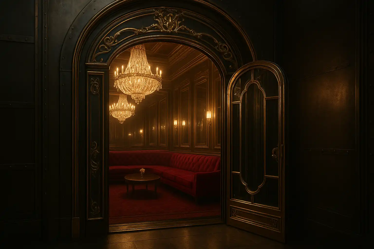 A velvet VIP lounge behind a mirrored door with gold trim inside the FoxyFlush vault